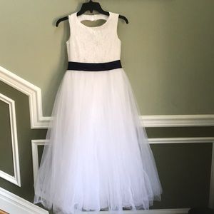 White Flower Girl Dress with Blue Bow waist sash